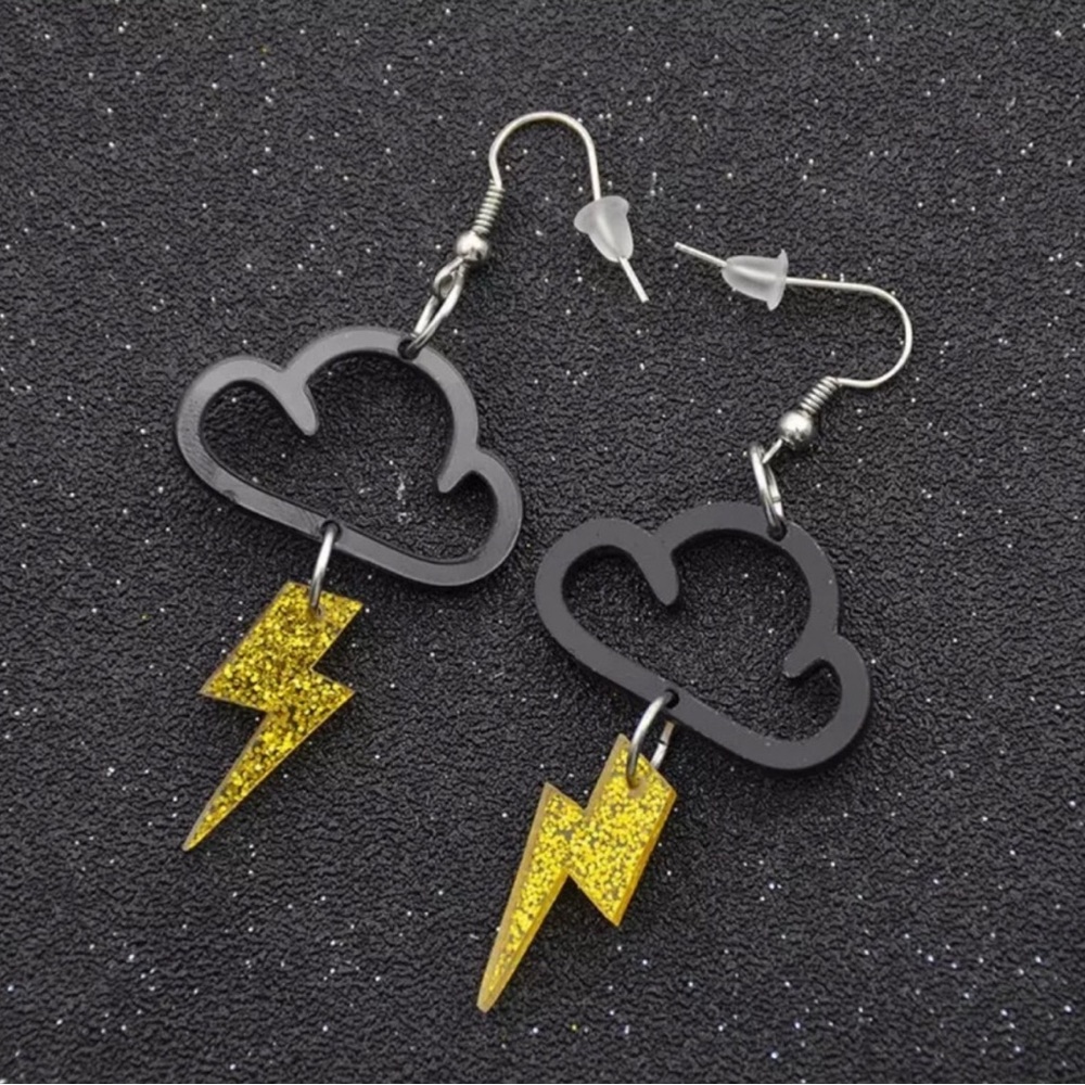 Black Cloud and Gold Lightning Earrings